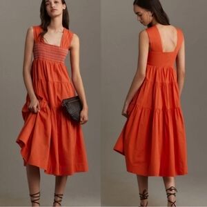 Anthropologie Helena Square Neck Tiered Midi Dress Boho Orange Red Size LP